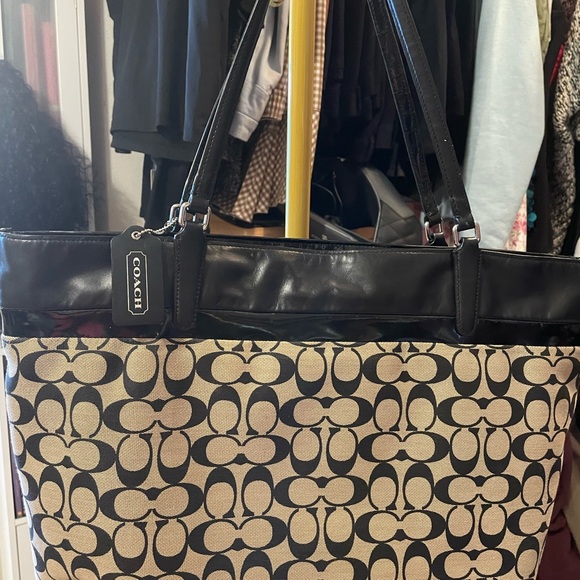 Coach Handbags - Coach Signature Canvas Tote in Black and Tan